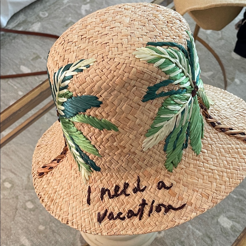 Kate Spade Woven Straw Bucket Hat “ I NEED A VACATION” new